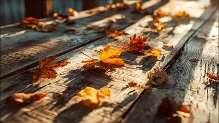 Autumn leaves in golden colors scattered on wooden table with warm sunlight