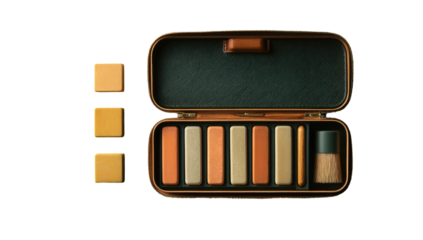 A compact, metallic, leather-like makeup palette, open, showcasing seven rectangular, muted-toned eyeshadows.  Small, cube-shaped containers are positioned beside