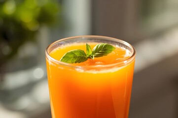 Fototapeta premium Glass of fresh carrot juice. Small depth of field with focus on decorating basil leaf on top of the glass.