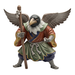 Obraz premium Porcelain figurine of a Japanese Tengu demon with large crow wings holding a wooden staff