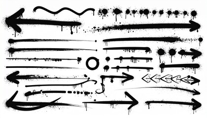 Collection of black ink splatters brush strokes and abstract marks arranged in grid format for graphic design texture overlays and expressive visual effects