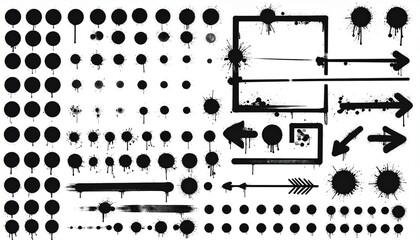 Collection of black ink splatters brush strokes and abstract marks arranged in grid format for graphic design texture overlays and expressive visual effects