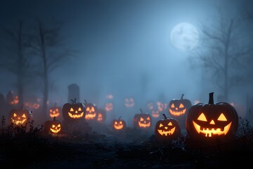 Halloween night scene with glowing jack o lanterns and misty background