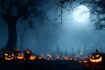 Halloween night scene with glowing jack o lanterns and misty background
