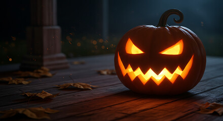 Obraz premium Glowing Jack O Lantern Pumpkin on Porch Spooky Halloween Night with Autumn Leaves