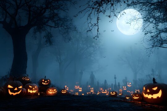 Halloween night scene with glowing jack o lanterns and misty background