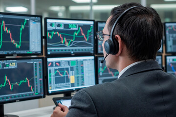 Young adult man wearing headset analyzing financial data on multiple computer monitors in modern office, monitoring stock market charts and trading activity, holding digital tablet