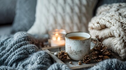 Cozy holiday morning with warm drink and blanket