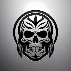 Fototapeta premium A strong tribal skull logo design featuring traditional-inspired makeup patterns with detailed precision, bold lines, and an authoritative finish for impactful branding.