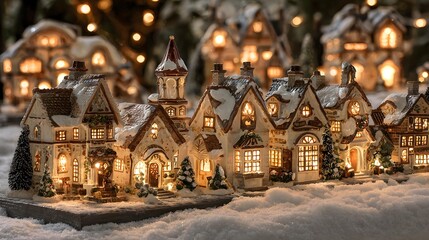 Fototapeta premium Winter snowy village with decorated houses and lanterns