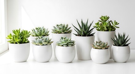 Fototapeta premium Minimalist Indoor Plant Group Arrangement in White Ceramic Pots Still Life