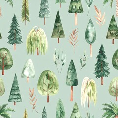 Watercolor forest pattern on a light teal background.  Various trees and foliage