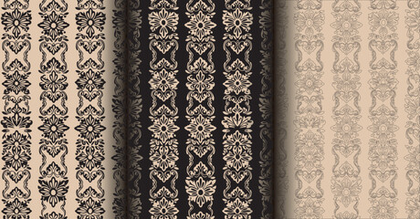 Hand-drawn ornamental floral stripe seamless vector pattern in elegant vintage style. Perfect for wallpaper, textiles, fabric prints, and decorative design projects