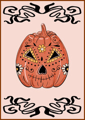 Colorful Halloween Card Design with Pumpkin Sugar Skulls. Mexican style poster