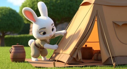 Cute bunny character building a tent