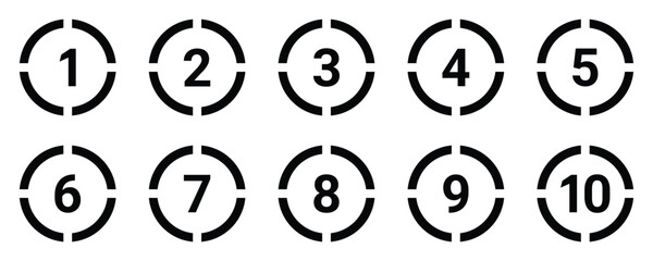 Set of numbers. Number 1 to 10. Set of round 1 to 10 numbers icon. Bullet point number icons collection 1 to 10. Numeral typographic flat icons set. Vector illustration. EPS 10