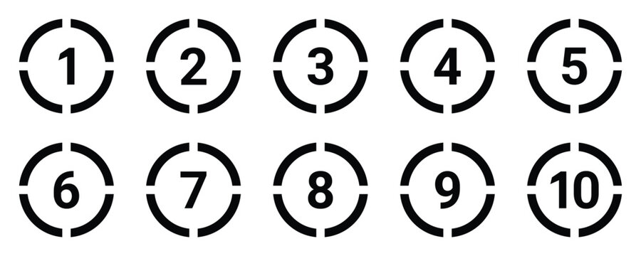 Set of numbers. Number 1 to 10. Set of round 1 to 10 numbers icon. Bullet point number icons collection 1 to 10. Numeral typographic flat icons set. Vector illustration. EPS 10