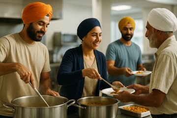 Group of diverse Sikh volunteers serving food at a community kitchen with joyful expressions and teamwork in a bright indoor background light setting. Ai generative