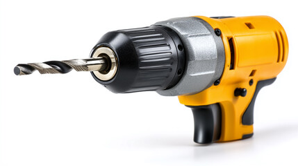 Yellow Cordless Power Drill with Drill Bit on White Background, Electric Hand Tool for Construction, DIY, and Home Repair
