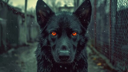 Eerie close-up portrait of black dog, possibly German Shepherd, standing the dog is mad