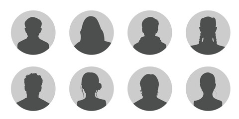 User profile icon set, Male and female portraits, silhouettes, avatars or profiles of unknown anonymous people, profile picture user avatars in circles . woman and man silhouette avatars or profile .