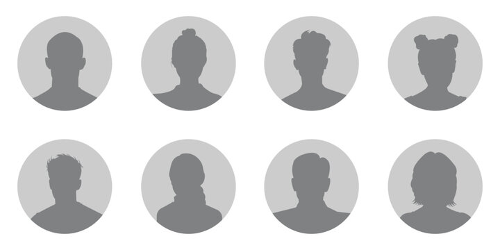 User profile icon set, Male and female portraits, silhouettes, avatars or profiles of unknown anonymous people, profile picture user avatars in circles . woman and man silhouette avatars or profile .