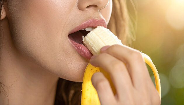 Close up of a person eating a peeled ripe banana with a bite taken out