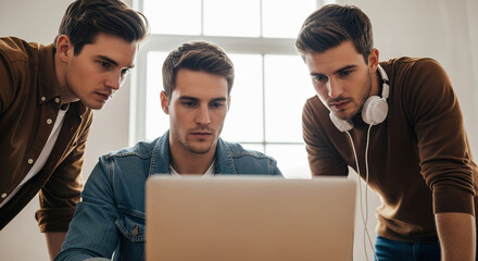 Three young men attentively look at laptop screen, showcasing teamwork and collaboration in a bright workspace, symbolizing focused effort and problem-solving