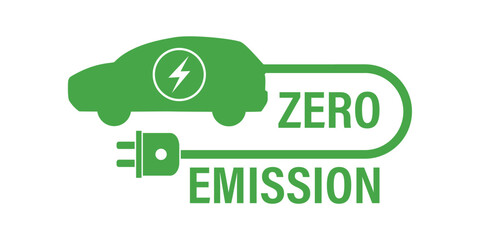 Zero emission icon. Electric car logo. Green car with plug and text. Environment protection technology. Charging station sticker. No fuel, alternative eco auto. Renewable energy.