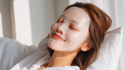 Relaxed Woman Enjoying Skincare Routine with Hydrating Sheet Mask While Resting in Bright Room
