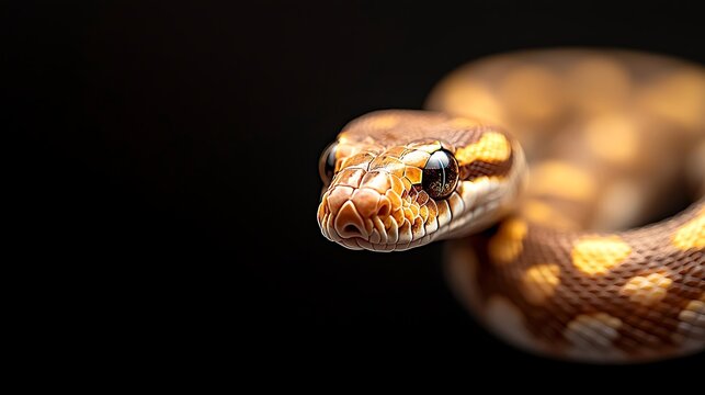 Close up portrait of a golden python against a dark background