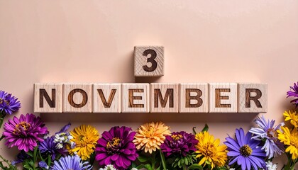 Wooden Blocks with Date 3 November. Floral Calendar – Vibrant Flowers on Solid Colored Background