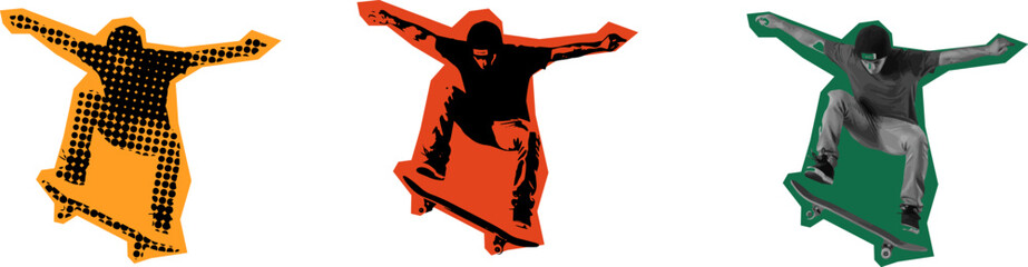 Three stylized figures performing skateboarding tricks, arms outstretched, in vibrant colors. Halftone effect vector style. © Almas Ikhwan