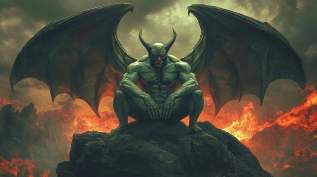 Sinister demon on rocky cliff with fiery background in dramatic satan hell
