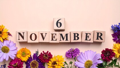 Wooden Blocks with Date 6 November. Floral Calendar – Vibrant Flowers on Solid Colored Background