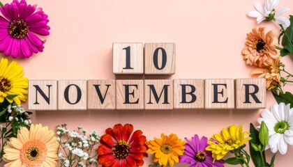 Wooden Blocks with Date 10 November. Floral Calendar – Vibrant Flowers on Solid Colored Background
