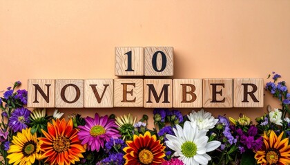 Wooden Blocks with Date 10 November. Floral Calendar – Vibrant Flowers on Solid Colored Background