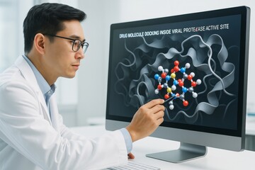 Scientist analyzing molecular structure of drug docking on computer screen in lab with abstract protein background and creative light effect. Ai generative