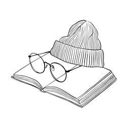 Minimalistic Line Art Open Book with Glasses and Beanie, Black and White Sketch, Cozy Reading Concept for Study or Autumn Mood