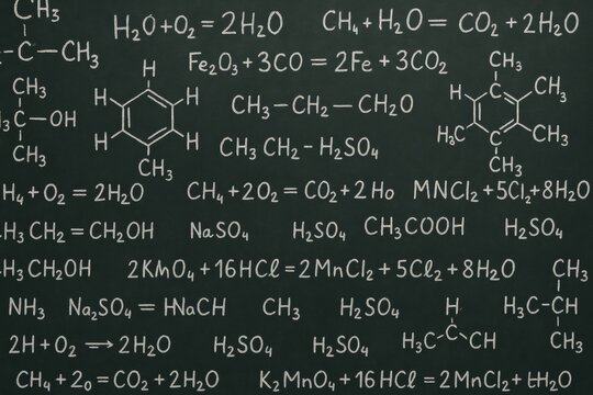 Chemistry formulas with molecular structures and equations on blackboard background, educational science concept for learning and analysis. Ai generative