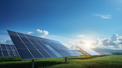 Solar panels in a green field under a clear blue sky with sun flare, symbolizing renewable energy and sustainability
