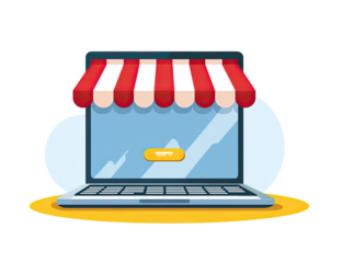 Laptop with a shop awning,  digital storefront