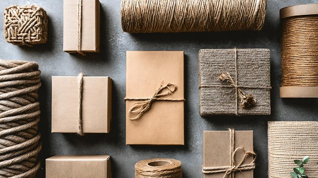 Rustic Gift Boxes and Twine Spools on a Textured Surface