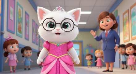 Cute cat princess with students in hallway