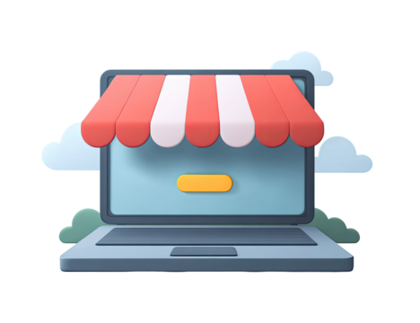 A 3D illustration of a laptop computer with a shop awning, implying online shopping. Clouds and stylized grass are around it. Simple, cartoonish style