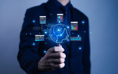 Businessman holding magnifying glass with AI brain and data analytics icons, symbolizing artificial intelligence, big data, digital transformation, and future technology.
