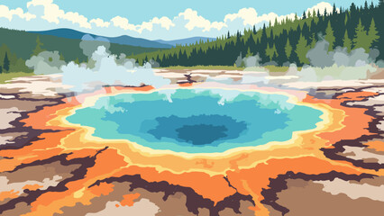 Grand Prismatic Spring, Yellowstone – concentric microbial colors in steaming hot spring, palette: azure, citrus orange, sulfur yellow, cyan