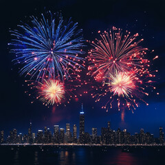 Fototapeta premium Fireworks display over a city skyline at night with blue and red bursts in the dark sky above water