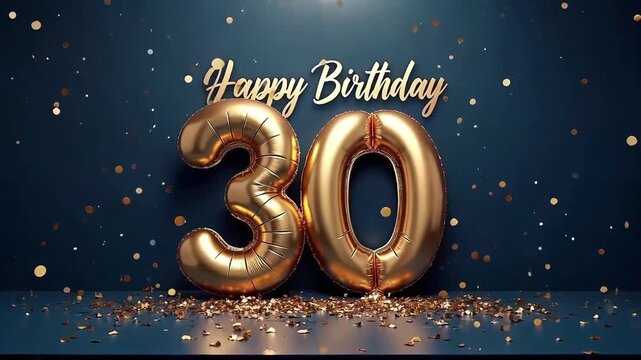 Metallic gold 30 balloon with HAPPY BIRTHDAY text, golden confetti and sparkles on dark festive backdrop with elegant glow
