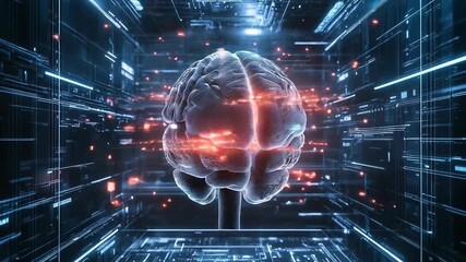 Human brain processing data in a futuristic technological environment - Powered by Adobe